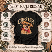 Digital file information mockup showing a personalized Chester pet portrait on a black T-shirt, with PNG download details, transparent background information and a vintage dog illustration.