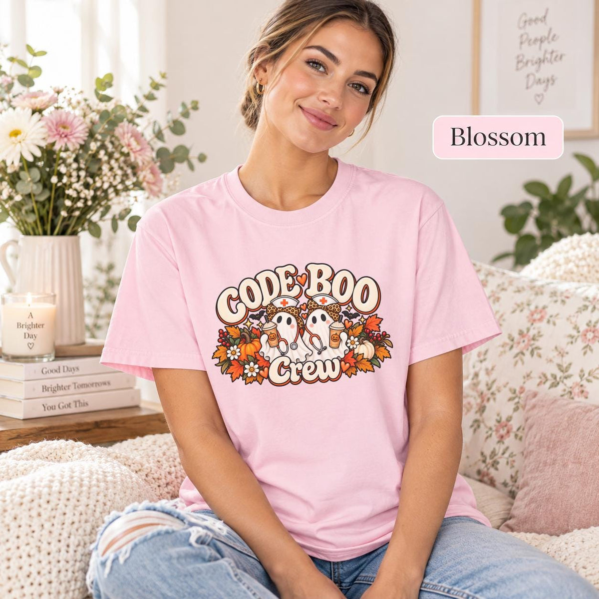 Blossom Comfort Colors tee featuring two nurse ghosts in a cute Halloween medical design with pumpkins and autumn accents.