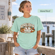 Island Reef Comfort Colors tee featuring the retro Halloween nurse artwork with two ghost nurses, pumpkins, and seasonal florals.