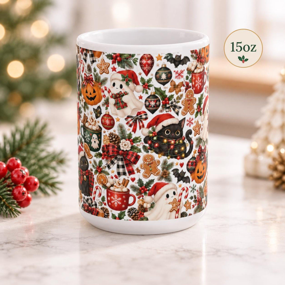 15 oz mug shown at an angle with creepy-cute Christmas artwork including Santa ghosts, bats, ornaments, candy canes, holly, and black cats.