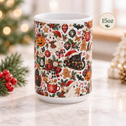 15 oz mug shown at an angle with creepy-cute Christmas artwork including Santa ghosts, bats, ornaments, candy canes, holly, and black cats.