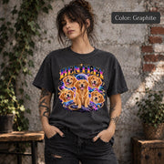 Model wearing a dark graphite T-shirt displaying the personalized Bentley dog portrait with colorful galaxy graphics and distressed retro lettering.