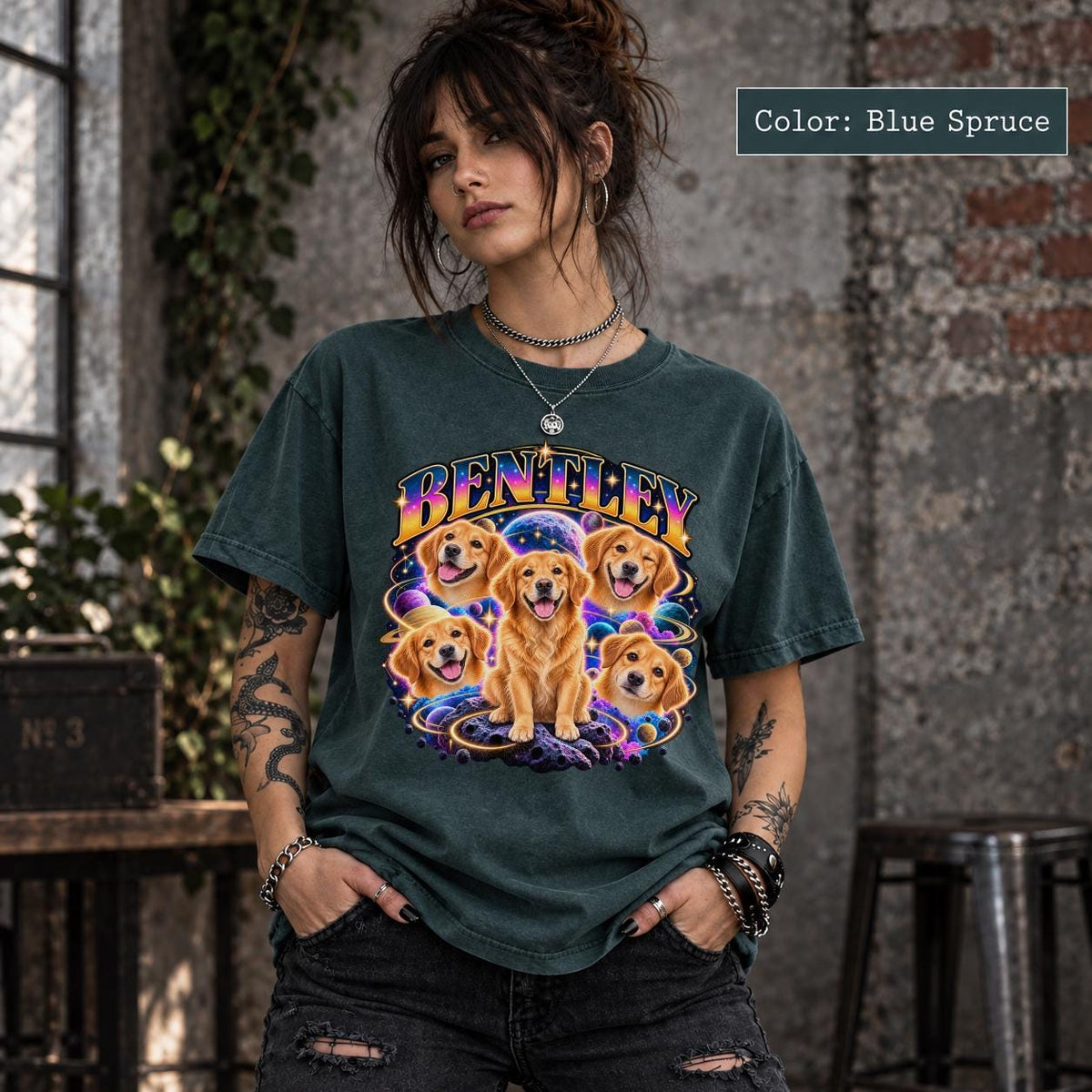 Lifestyle mockup of a woman in a blue spruce T-shirt featuring a custom dog name and galaxy-inspired pet illustration with vibrant colorful details.