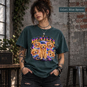 Lifestyle mockup of a woman in a blue spruce T-shirt featuring a custom dog name and galaxy-inspired pet illustration with vibrant colorful details.
