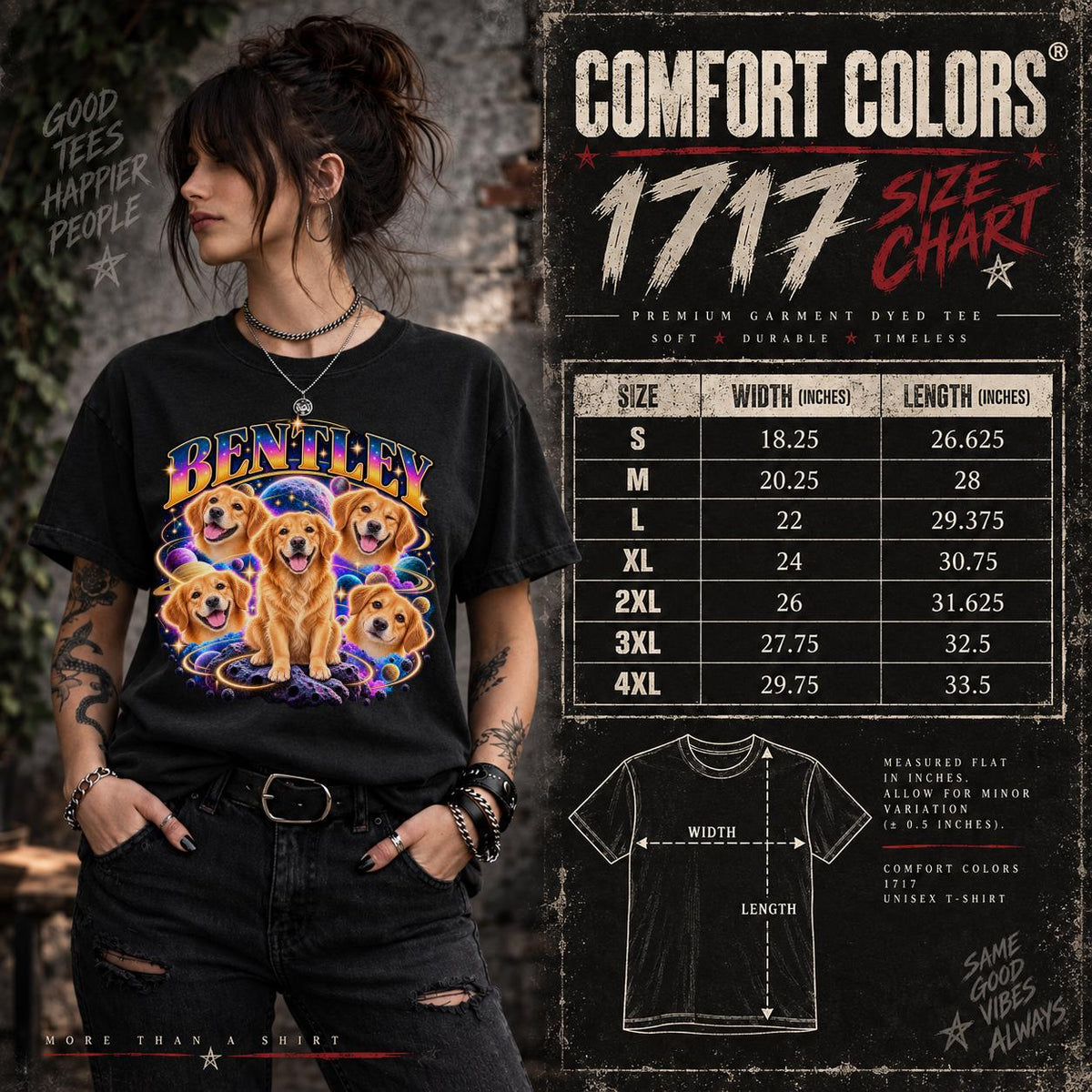 Comfort Colors 1717 unisex T-shirt size chart displayed beside a model wearing the personalized Bentley cosmic dog portrait design.