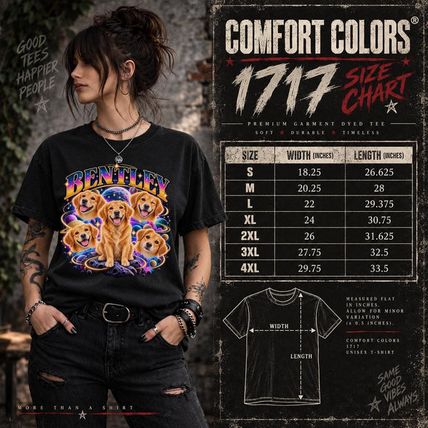 Comfort Colors 1717 unisex T-shirt size chart displayed beside a model wearing the personalized Bentley cosmic dog portrait design.