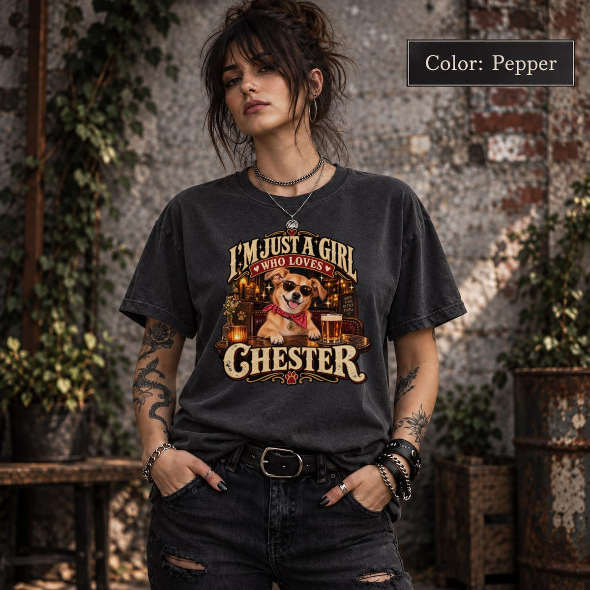 Model wearing a pepper custom dog mom shirt featuring Chester's name above a golden pet portrait with sunglasses and nostalgic distressed details.