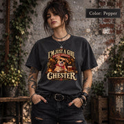 Model wearing a pepper custom dog mom shirt featuring Chester's name above a golden pet portrait with sunglasses and nostalgic distressed details.