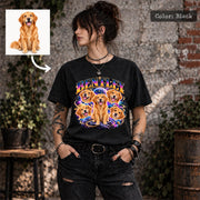 Woman wearing a black personalized Bentley dog portrait T-shirt featuring colorful galaxy artwork, retro lettering and a sample pet photo inset showing how customers can customize their shirt.