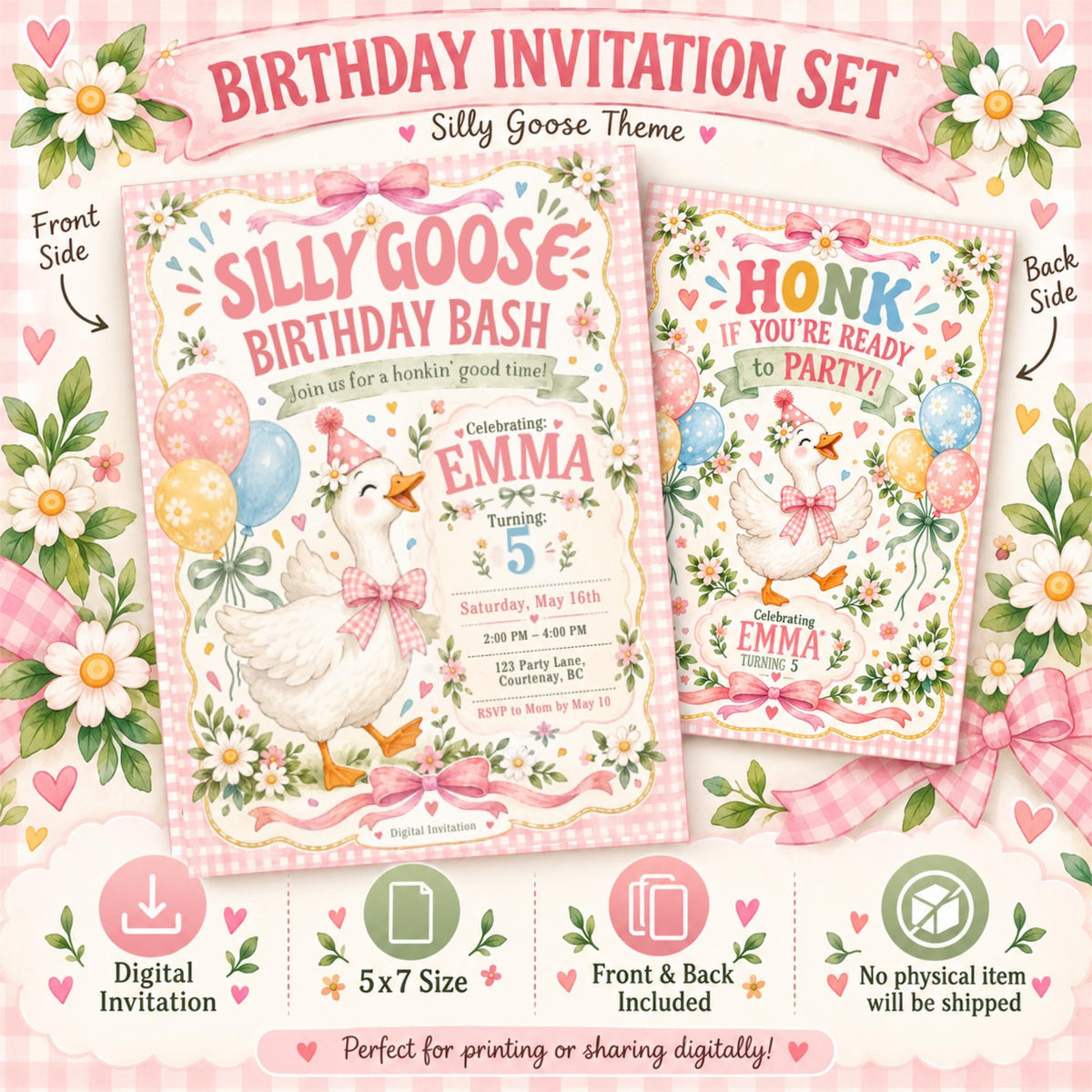 Silly Goose Birthday Bash digital invitation set featuring a cute white goose, pink gingham bows, pastel balloons, daisies and floral decorations, with front and back designs and digital download details.