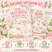 Silly Goose Birthday Bash digital invitation set featuring a cute white goose, pink gingham bows, pastel balloons, daisies and floral decorations, with front and back designs and digital download details.