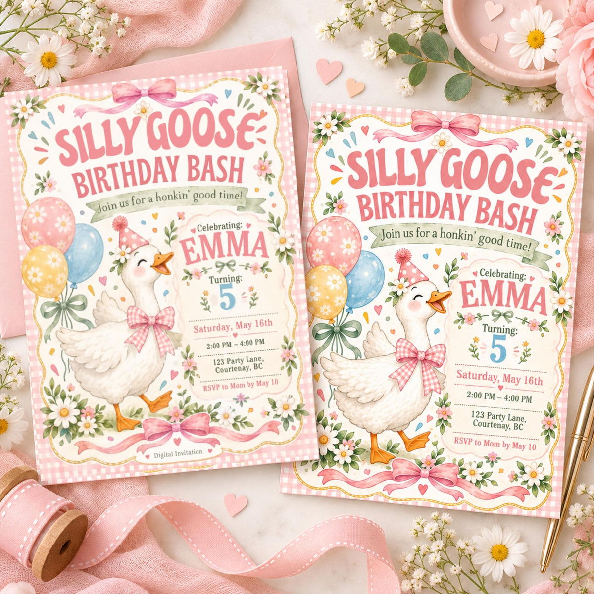 Side-by-side display of Silly Goose Birthday Bash invitation front and back, featuring pink bows, a cheerful white goose, pastel flowers and whimsical birthday lettering.
