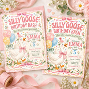 Side-by-side display of Silly Goose Birthday Bash invitation front and back, featuring pink bows, a cheerful white goose, pastel flowers and whimsical birthday lettering.