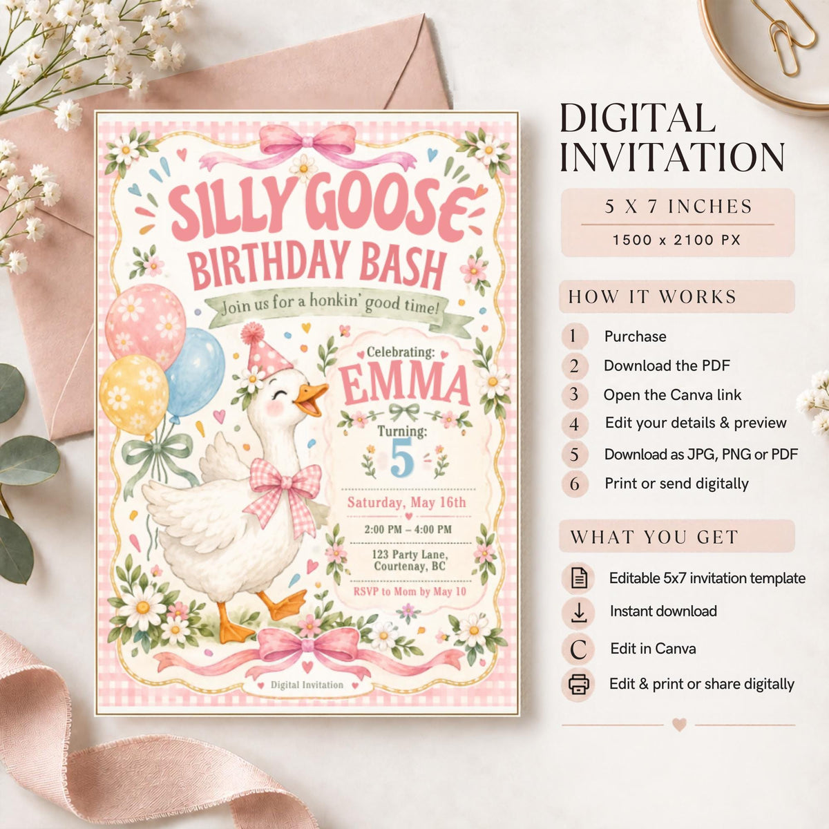Silly Goose Birthday Bash invitation preview beside an information guide showing the 5x7 inch digital format, front and back designs, and no physical item shipped.