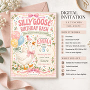Silly Goose Birthday Bash invitation preview beside an information guide showing the 5x7 inch digital format, front and back designs, and no physical item shipped.