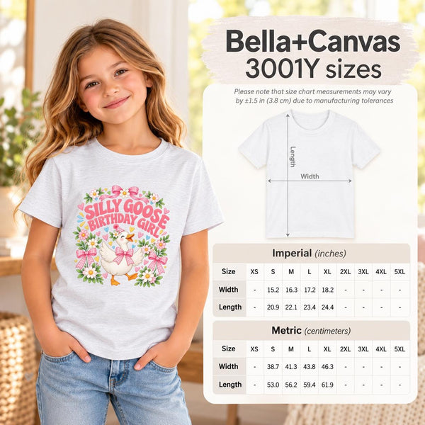 Bella+Canvas 3001 T-shirt size chart displayed beside a girl wearing a pink Silly Goose Birthday Girl shirt, showing garment measurements and sizing information.