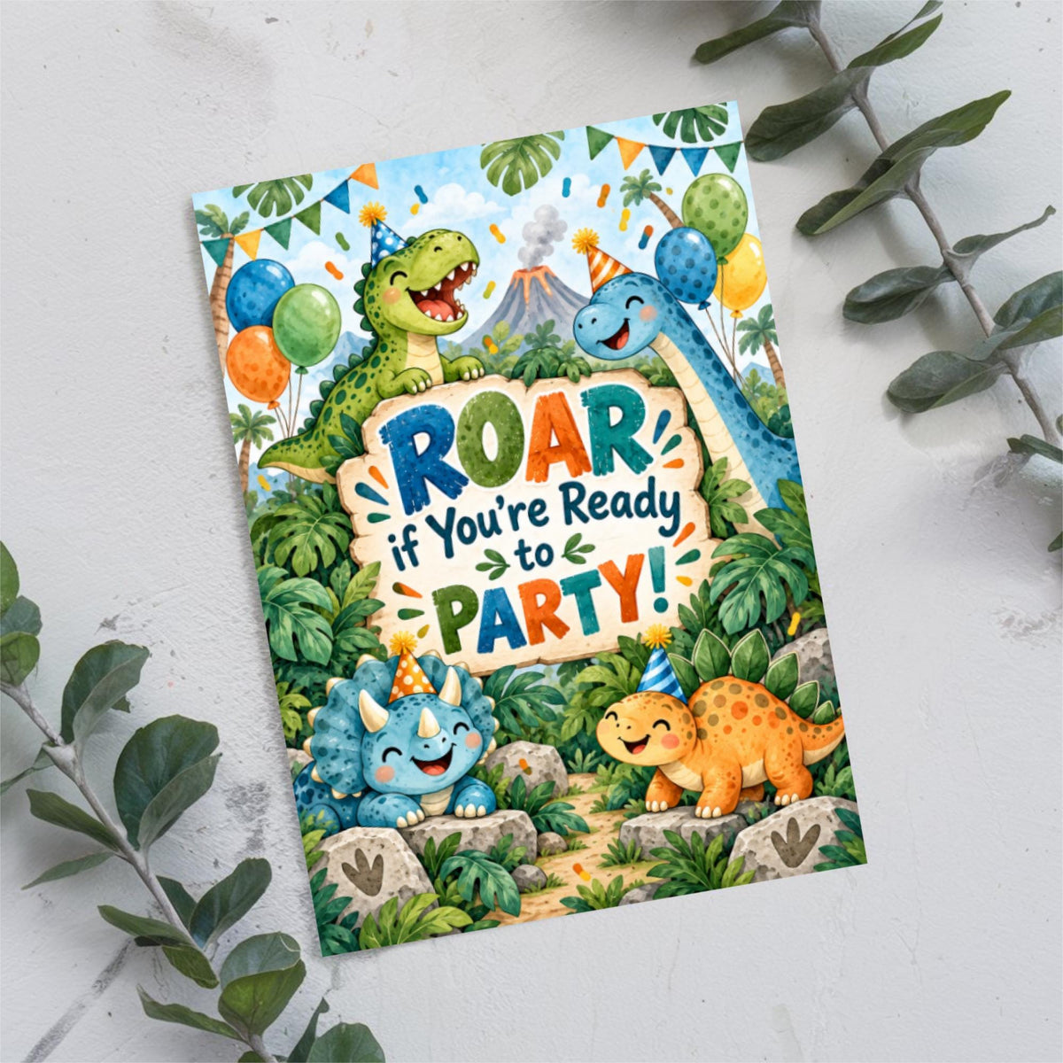 Roar Some Fun digital birthday invitation styled with eucalyptus leaves and a soft neutral background, featuring smiling dinosaurs, balloons and a vibrant prehistoric party theme.