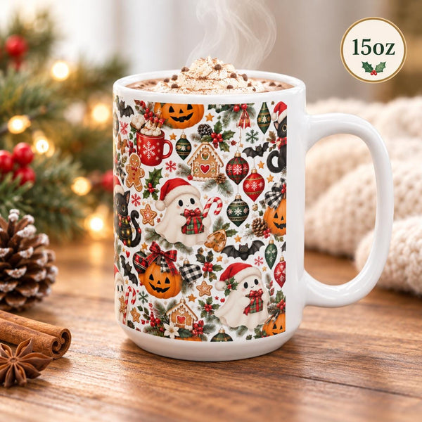 15 oz white ceramic mug featuring the same spooky holiday wrap with ghost characters, cats, winter decorations, gingerbread, and colorful seasonal details.