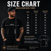 Size chart for the unisex T-shirt showing garment measurements and fit guidance for the Waterfowl Social Club design.