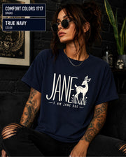 True Navy Comfort Colors tee featuring the “I Am Jane Doe” solidarity message with minimalist animal illustration.