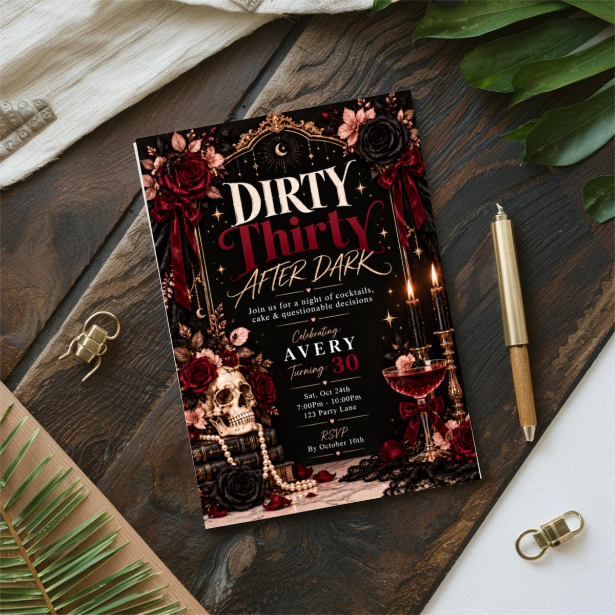 Editable 30th birthday invitation featuring a dramatic black and red Dirty Thirty design, arranged on a dark surface with leafy botanical accents. Elegant digital party invitation for a milestone birthday.