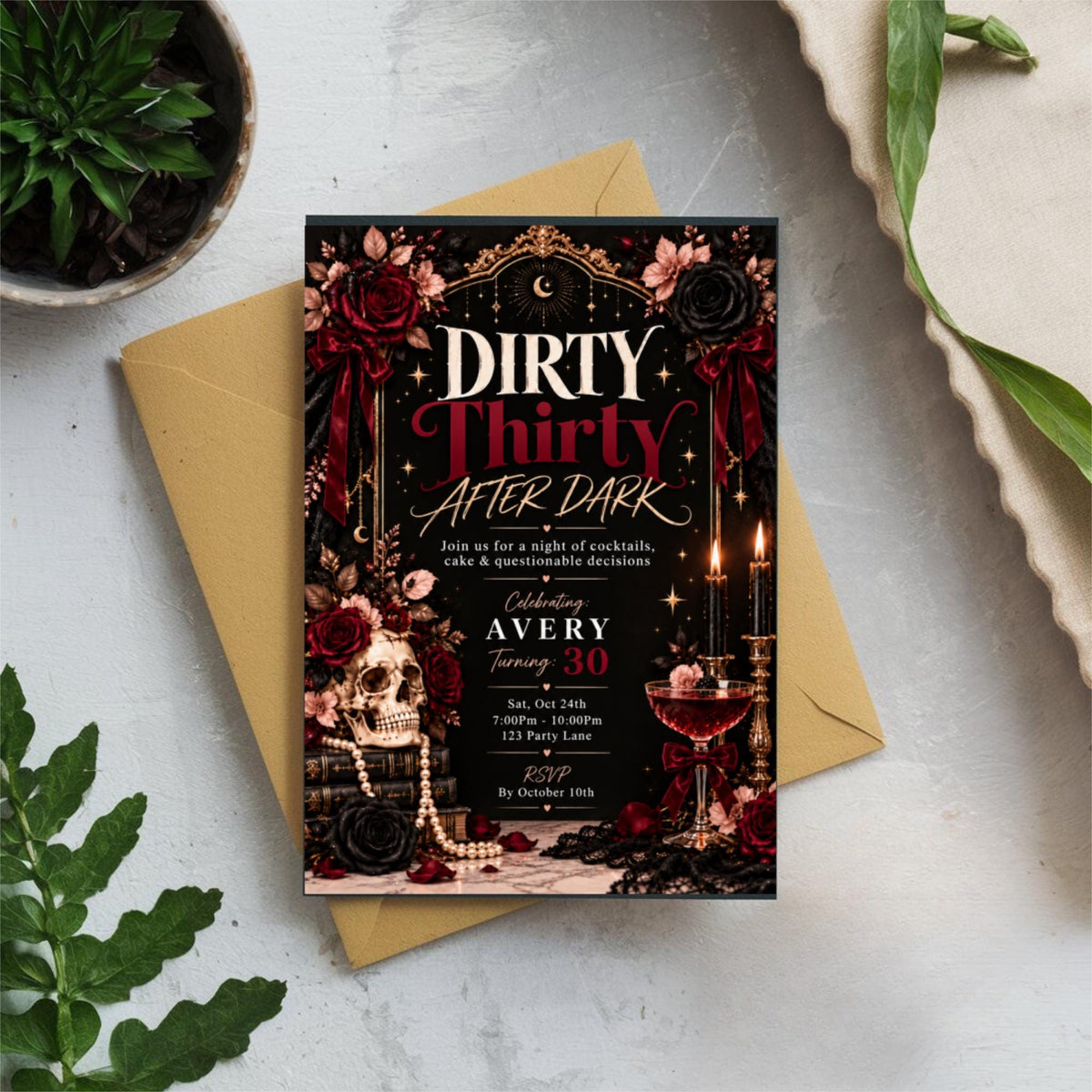 Black and red Dirty Thirty birthday invitation displayed on a neutral background with lush green leaves. Stylish cocktail-inspired digital party invitation with gold accents and floral illustrations.