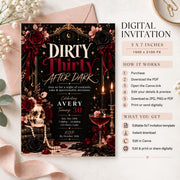 Editable Dirty Thirty birthday invitation featuring a glamorous black, red, and gold design with martini glasses, floral accents, and elegant typography. Digital Canva template shown with invitation details and customization information.
