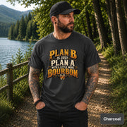 Charcoal tee featuring the Plan B bourbon design with distressed lettering and a small whiskey glass illustration.