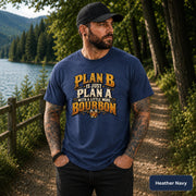 Heather Navy tee featuring the bourbon humor graphic in gold, cream, and amber tones for a casual outdoors look.