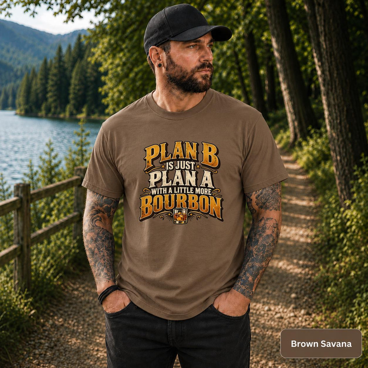 Brown Savana shirt showcasing the Plan B bourbon design with bold retro lettering and a small drink illustration.