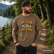 Brown Savana shirt showcasing the Plan B bourbon design with bold retro lettering and a small drink illustration.