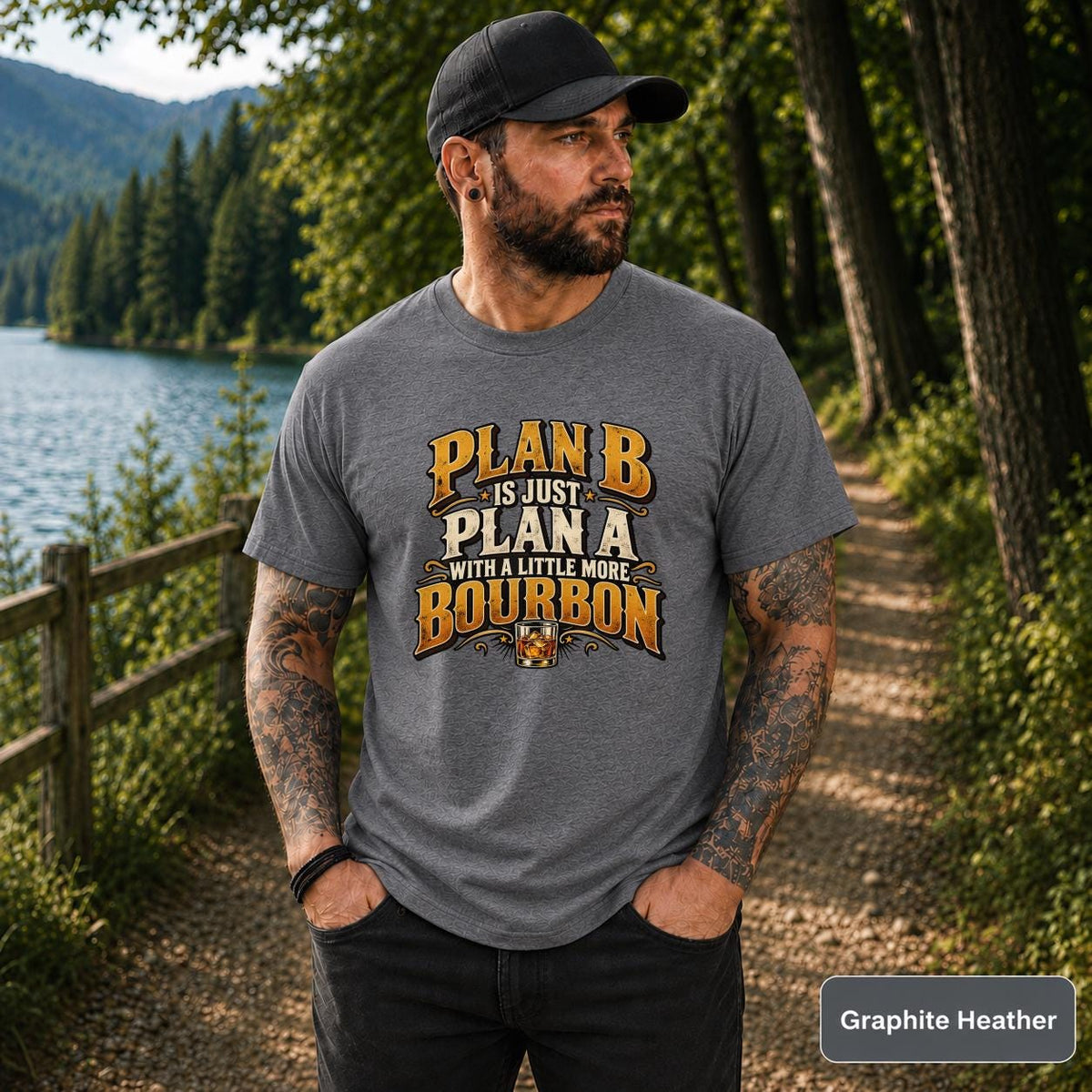 Graphite Heather tee displaying the bourbon humor design with distressed gold and cream typography.
