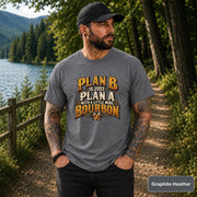 Graphite Heather tee displaying the bourbon humor design with distressed gold and cream typography.