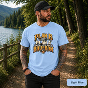 Light Blue shirt featuring the Plan B slogan with whiskey glass artwork and vintage masculine styling.