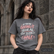 Graphite Heather T-shirt showcasing the “Know Your Worth” graphic with uplifting wording and feminine accent details.