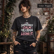 Color Pepper tee showcasing the funny women’s statement with playful typography and feminine details.
