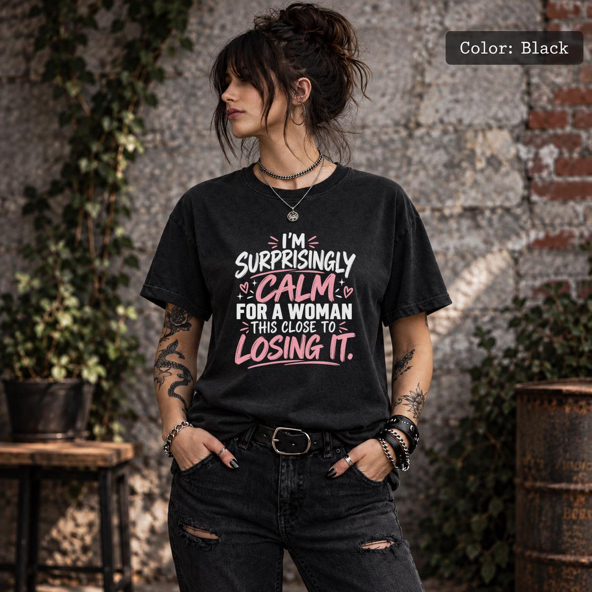 Color Black tee displaying the sarcastic phrase with pink and white lettering for a dark, high-contrast look.