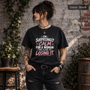 Color Black tee displaying the sarcastic phrase with pink and white lettering for a dark, high-contrast look.