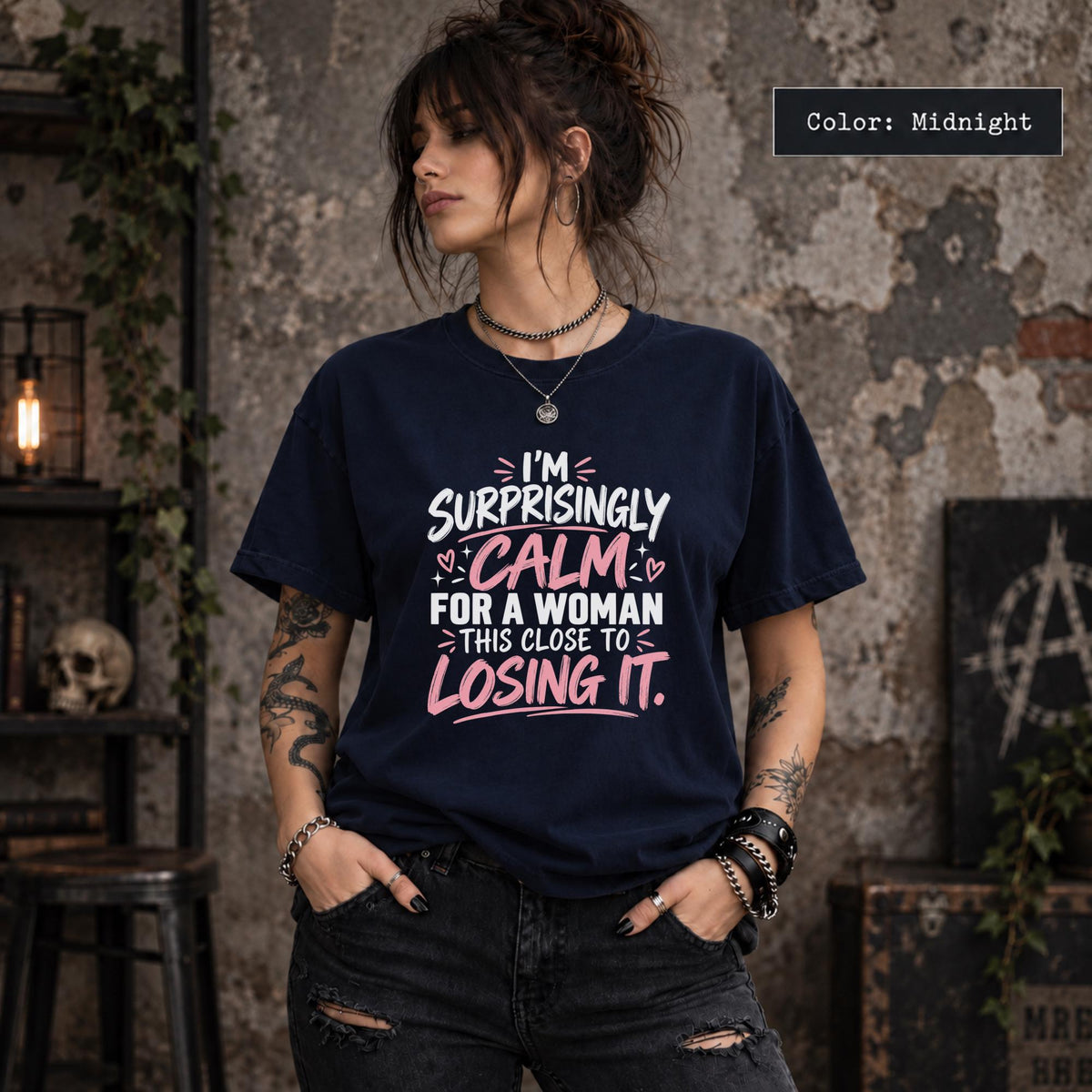 Midnight Comfort Colors 1717 shirt featuring the “Surprisingly Calm” quote in a bold graphic layout.