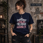 Midnight Comfort Colors 1717 shirt featuring the “Surprisingly Calm” quote in a bold graphic layout.