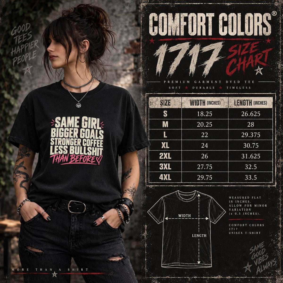 Comfort Colors 1717 size chart showing unisex measurements, fit guidance, and sizing information for the statement shirt.