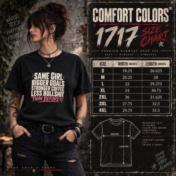 Comfort Colors 1717 size chart showing unisex measurements, fit guidance, and sizing information for the statement shirt.