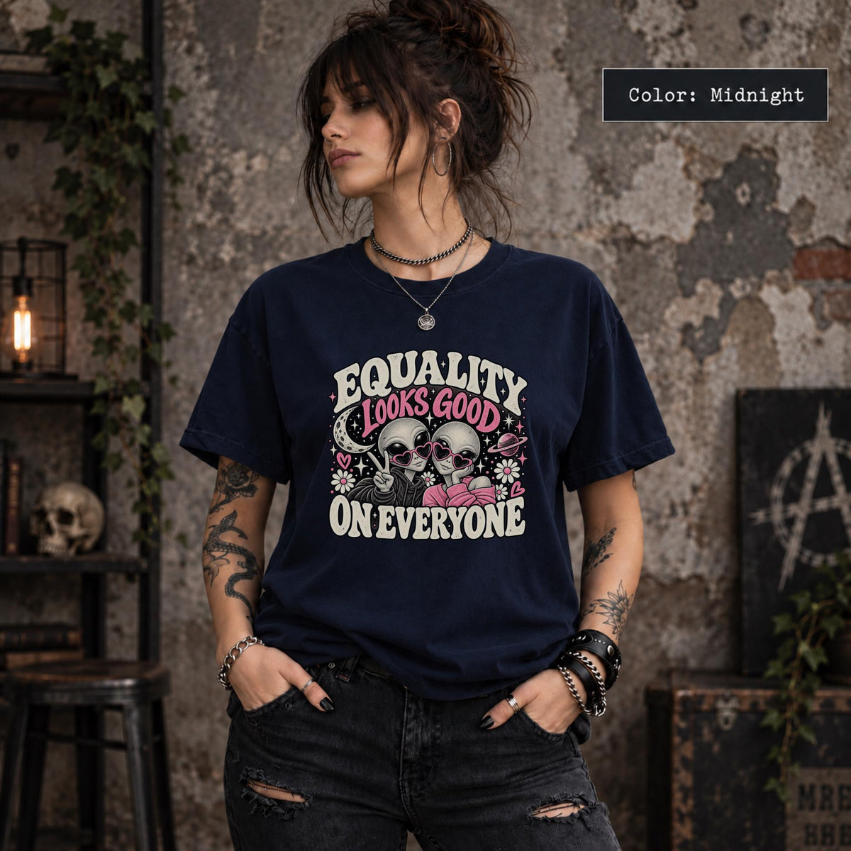 Midnight shirt featuring the equality design with heart-shaped sunglasses, moon and planet elements, and bold lettering.