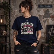Midnight shirt featuring the equality design with heart-shaped sunglasses, moon and planet elements, and bold lettering.