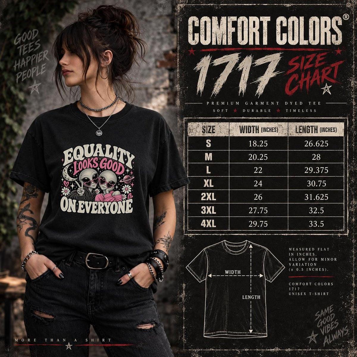 Comfort Colors 1717 size chart showing unisex measurements, fit guidance, and sizing information.