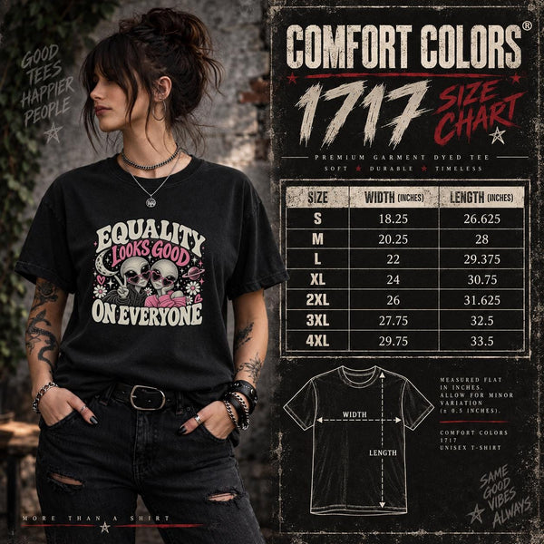Comfort Colors 1717 size chart showing unisex measurements, fit guidance, and sizing information.