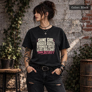 Color Black tee displaying the bold quote design with cream and blush lettering on a dark background.