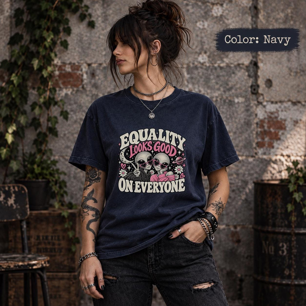 Navy Comfort Colors 1717 shirt featuring the “Equality Looks Good on Everyone” message with cosmic details and vintage styling.