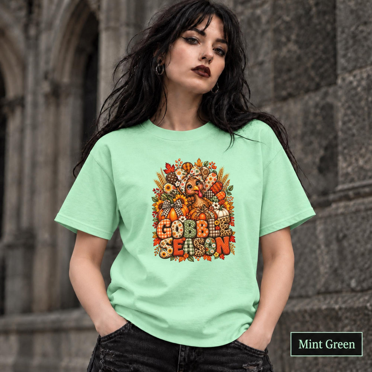 Mint Green Gildan 5000 shirt showcasing the “Gobble Season” design with turkey illustration and bright seasonal colors.