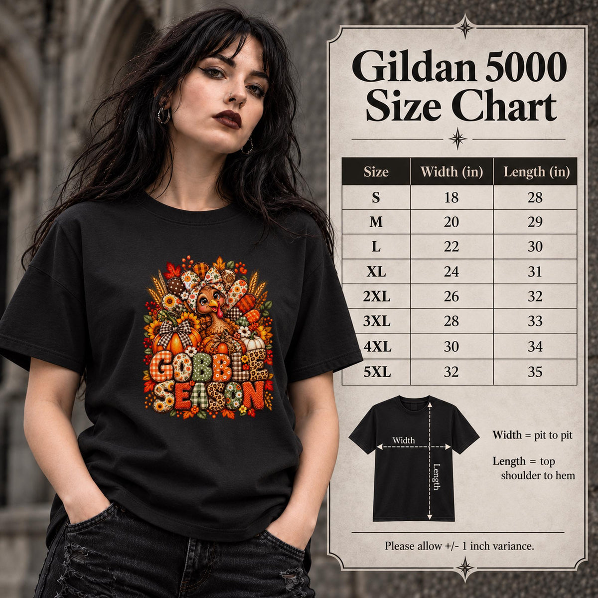 Gildan 5000 size chart showing unisex shirt measurements and fit information for the Gobble Season tee.